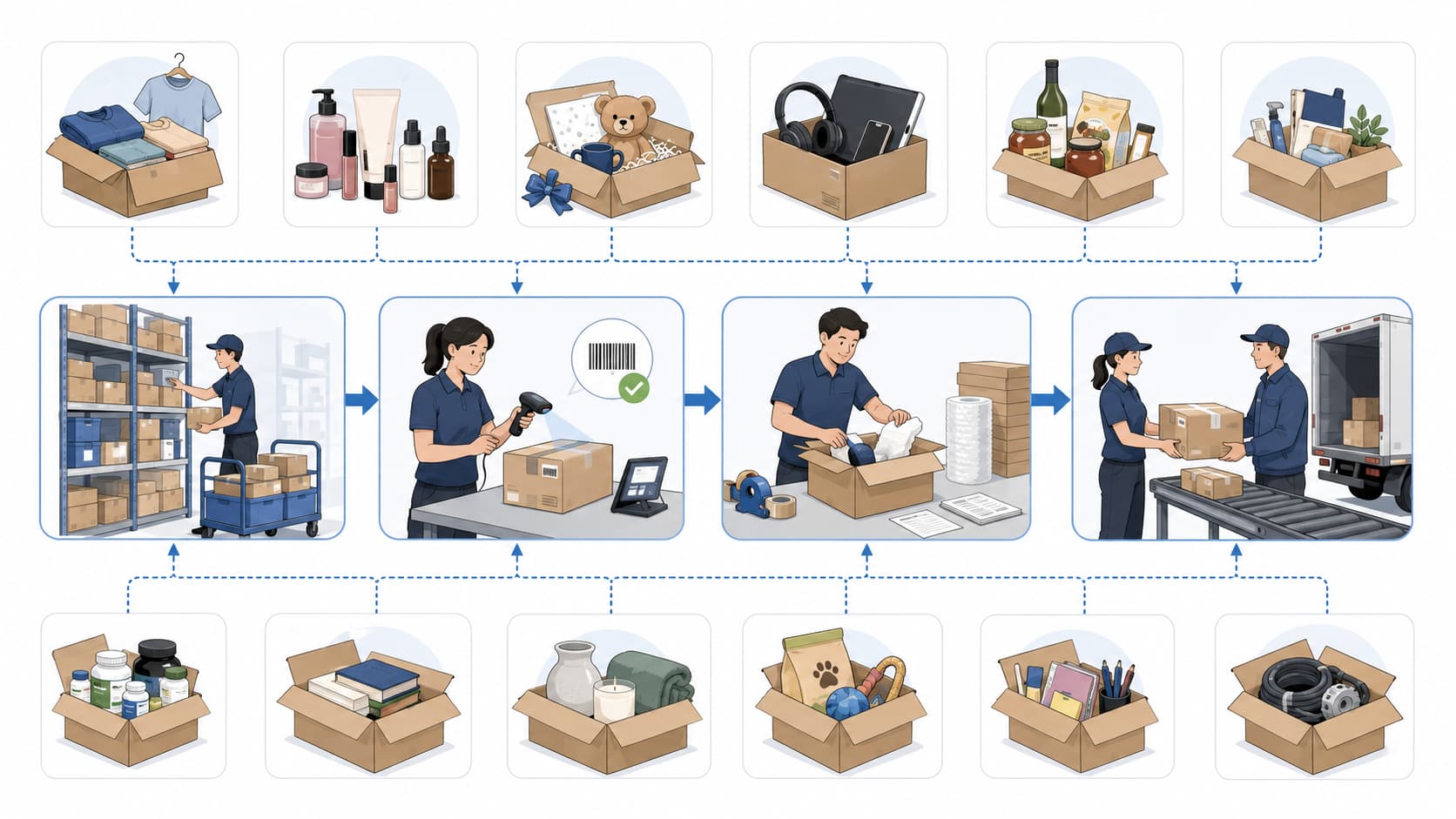 複数荷主の出荷条件を、ピッキング、検品、梱包、出荷の基本フローに整理するイメージ