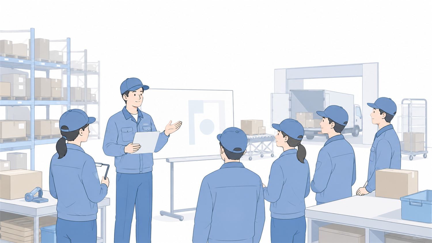 物流センターの朝礼で管理者が当日の作業計画と終了見込みを共有するイメージ